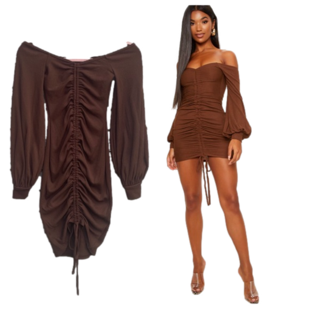 Pretty Little Thing Brown Ribbed Balloon Sleeve Ruched Bodycon Dress XS